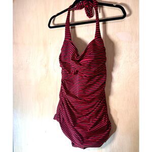 Plus Retro one-piece swimsuit in red and black stripes halter tie 1X 16W